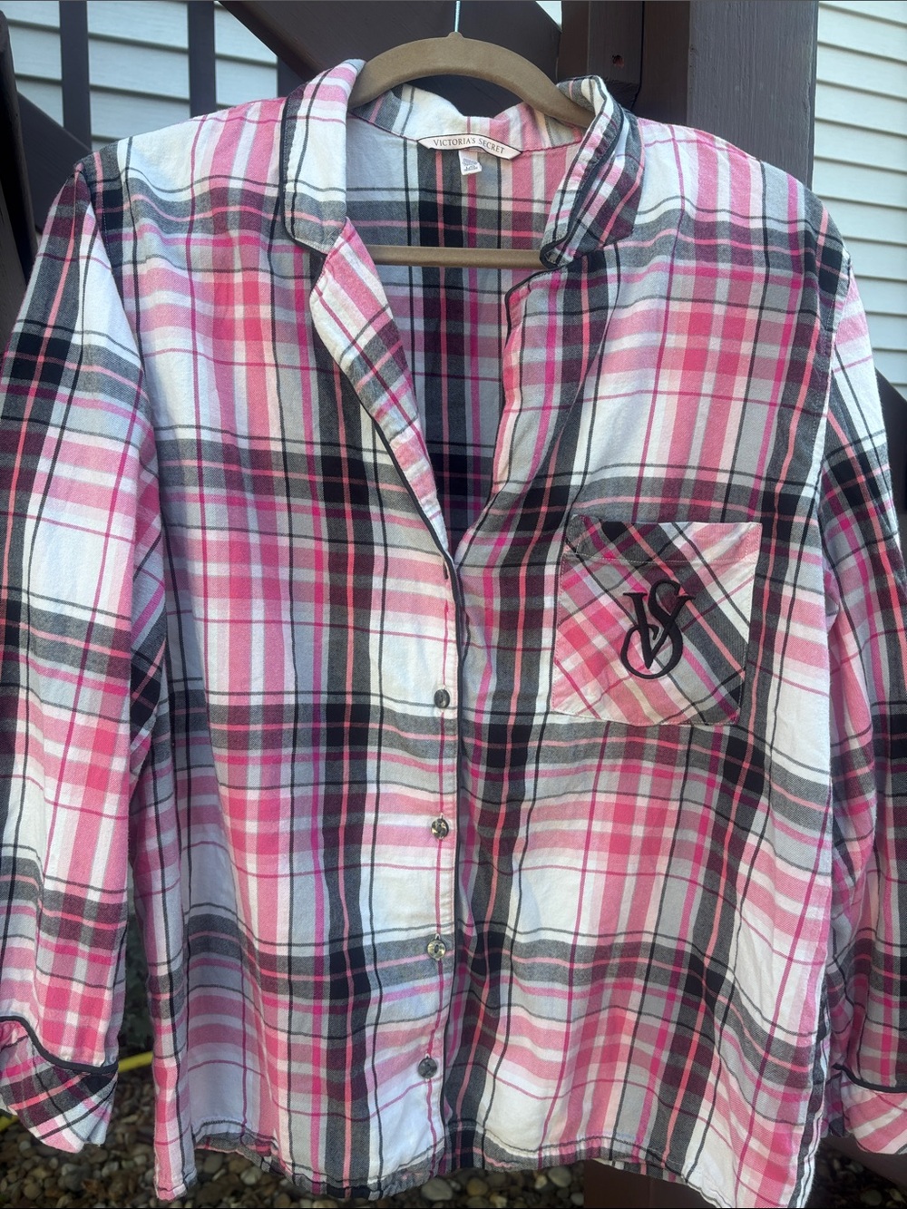 Victoria's Secret Pink & Black Plaid Button-Down Lounge Shirt Large